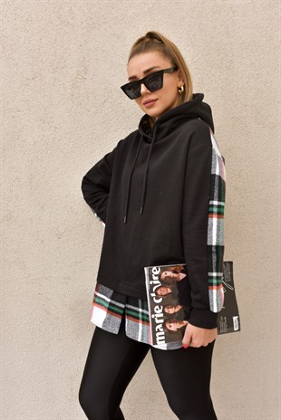 Ekose Garnili Siyah Sweatshirt