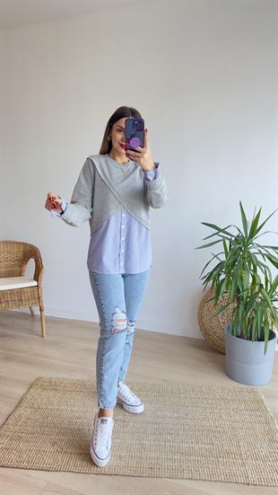 Çapraz Poplin Detay Gri Sweat
