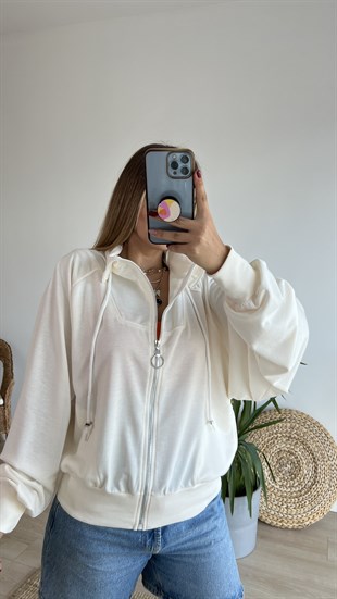 Dik Yaka Fermuarlı Ekru Sweat