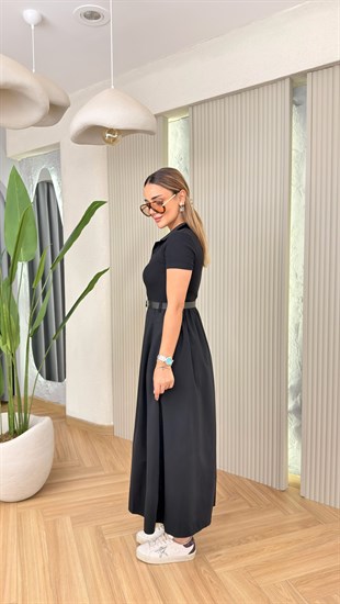 Siyah Viers Kemerli Polo Yaka Elbise