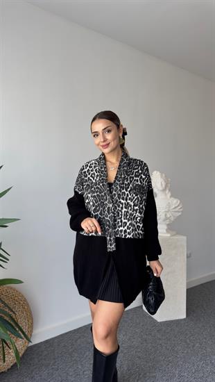 Minta Üstü Leopar Altı Triko Detaylı Siyah Hırka