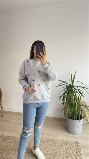 Göz Detaylı Şardonlu Gri Sweat