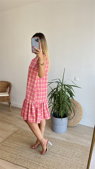 Pembe Desenli Cepli Keten Elbise