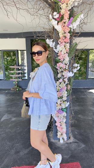 Yare Nakış Detaylı Çizgili Mavi Bluz