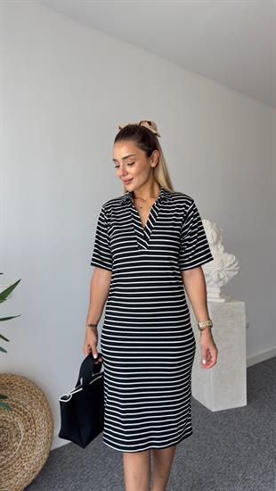Soles Polo Yaka Çizgili Siyah Elbise 