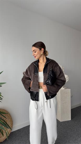 Alina Deri Detaylı Astarlı Vizon Peluş Ceket
