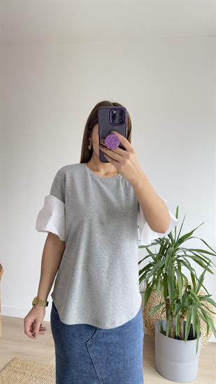 Kolları Poplin Gri Basic Tshirt