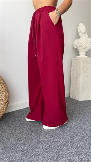 Bağcık Yazı Detay Bordo Bol Paça Pantolon