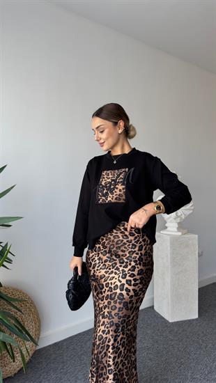Ricar Kahve Leopar Desenli Etek Sweat Takım