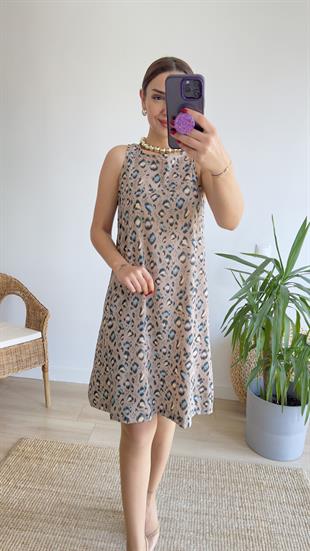 Rovena Leopar Desenli Kahve Elbise 