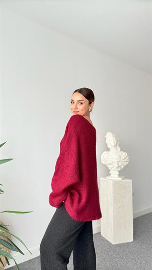 Bordo Kolları Katlamalı V Yaka Kazak