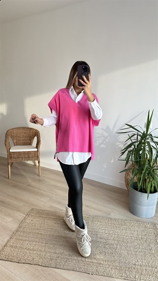 Ön Arka V Aksesuar Detaylı Pembe Süveter