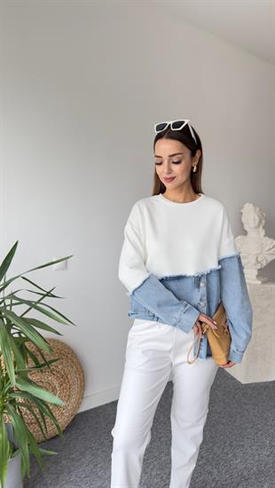 New Asimetrik Kot Detay Beyaz Tasarım Sweat
