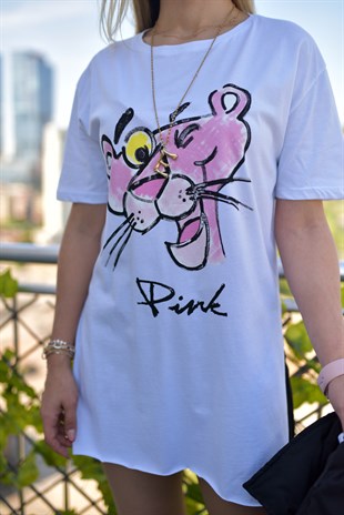 Pembe Panter Baskılı Beyaz Tshirt