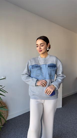 Kais Kot Garnili Taşlı Gri Sweatshirt