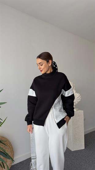 Fermuar Ve Varak Detaylı Siyah Sweatshirt