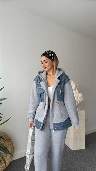 Mers Kot Garnili Şardonlu Gri Eşofman Takımı