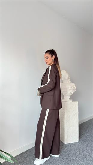 Kahve Silya Şerit Detaylı Blazer Pantolon Takım