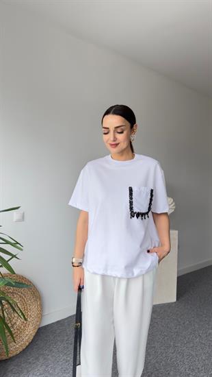 Veal Cebi Taş Detaylı Beyaz Tshirt
