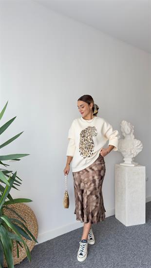 Naji Leopar Baskılı Bej Sweatshirt