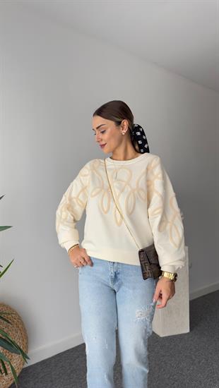 Mous Krem Önü Nakışlı Sweatshirt