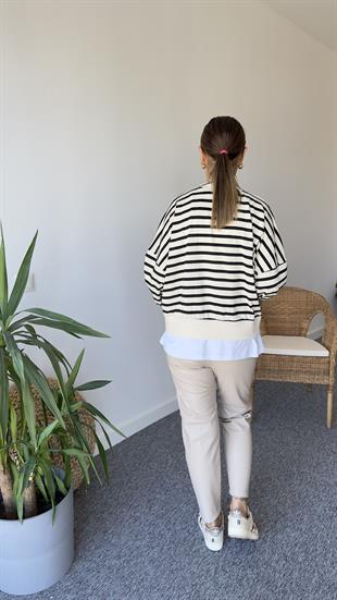 Merla Tshirt Detay Çizgili Basic Sweat