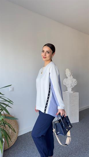 Sırt Poplin Detay Düğmeli Beyaz Modal Sweat