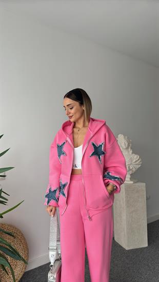 Denim Yıldız Detaylı Pembe Tasarım Takım