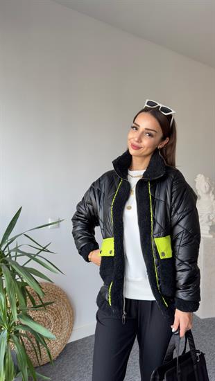 Neon Şerit Detaylı Siyah Premıum Mont