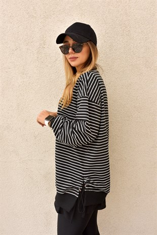 Yanları Yırtmaçlı Çizgili Siyah Sweat