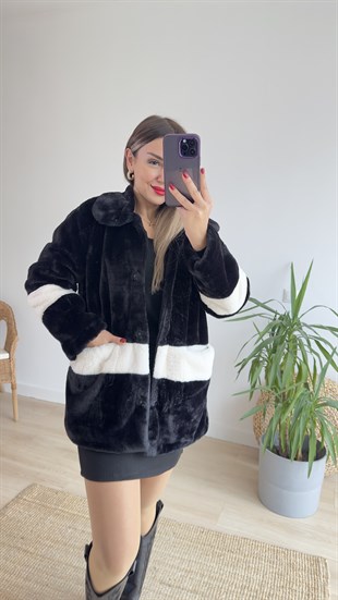 Ekru Şerit Detaylı Siyah Peluş Mont