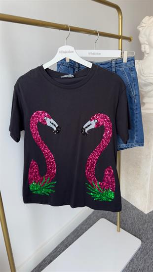 Flamingo İşlemeli Siyah Tshirt