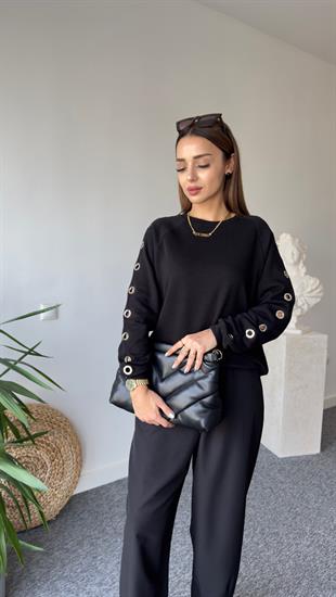 Orj Model Kollar Kuş Gözü Detay Siyah Sweat 