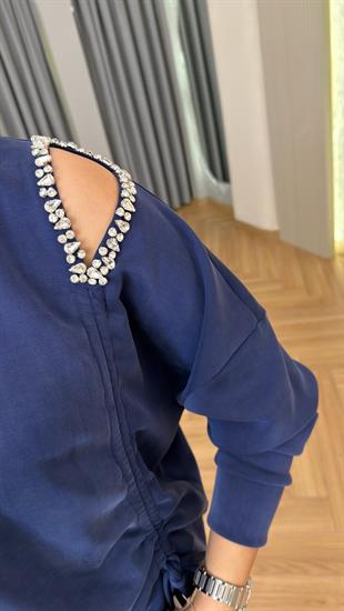 Lacivert Taş Detay Büzgülü Modal Sweat