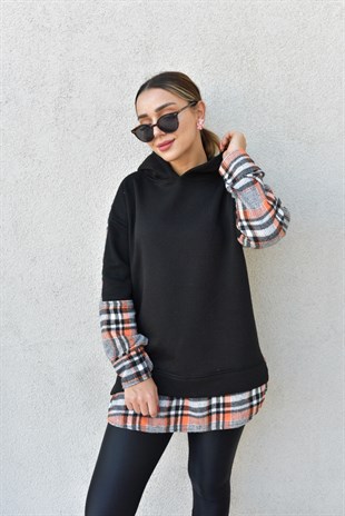 Ekose Detaylı Siyah Sweatshirt