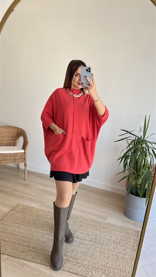 Önden Cepli Nar Çiçeği Tunik