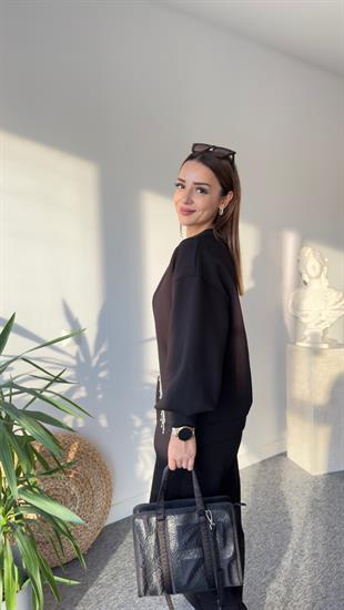 Siyah V Taş Detaylı Sweatshirt