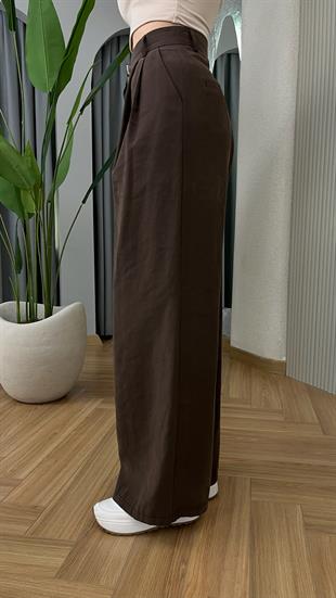 Kahve Tülna Bol Paça Tensel Pantolon