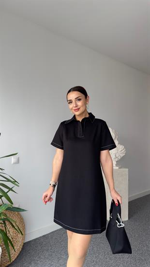 Dikiş Detaylı Polo Yaka Siyah Basic Elbise 