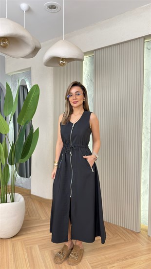 Siyah Gisa Tws Model Fermuarlı Elbise 