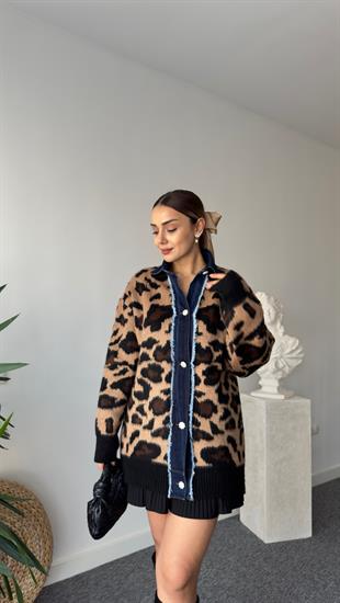 Antu Kot Detaylı Tok Doku Leopar Hırka