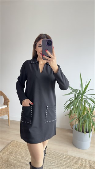 Zımba Detaylı Polo Yaka Siyah Elbise 
