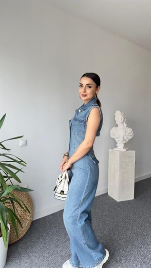 Sırt Dekolte Düğmeli Jean Tulum