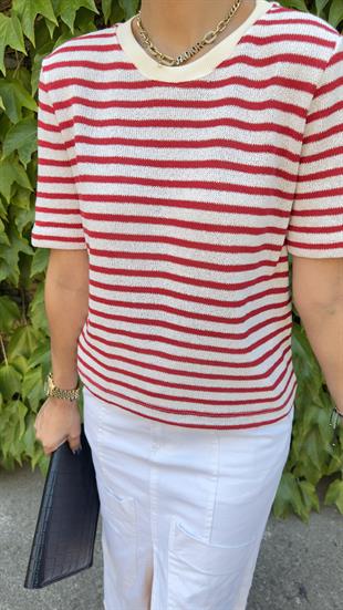 Orj Marka Kırmızı Çizgili Örme Bluz