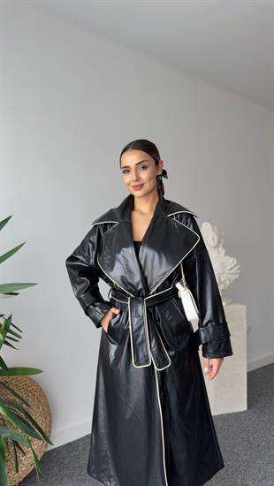 Beyaz Biyeli Premıum Deri Trençkot