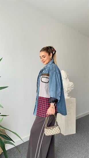 Mavi Ekose Mix Tasarım Denim Ceket