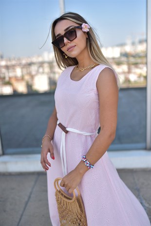 Halat Kemerli Pembe Fisto Elbise