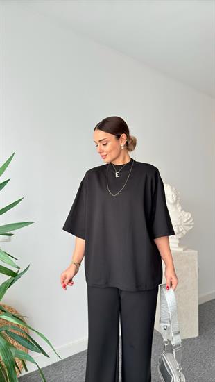 Siyah Calza Vatkalı Tok Doku Tshirt
