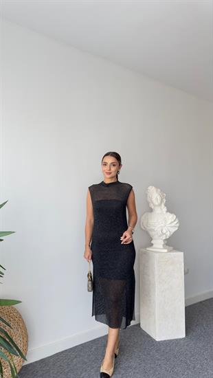 Siyah Simli Ajurlu Astarlı Elbise