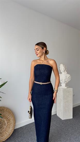 Straplez Arkası Yırtmaçlı Jean Elbise